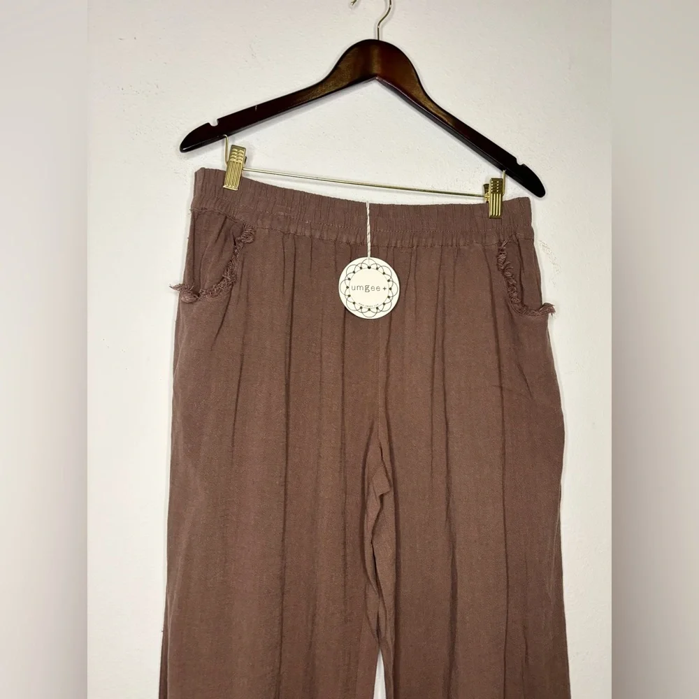 UMGEE NWT BROWN FRAYED HEM LINEN FLOWY CROPPED PANTS SZ XL - Picture 2 of 9